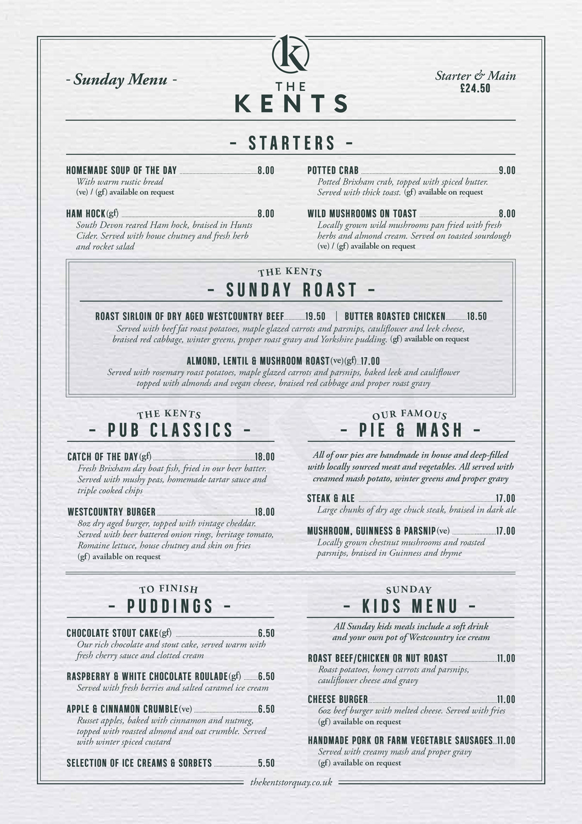 The Kents Sunday Roast Menu